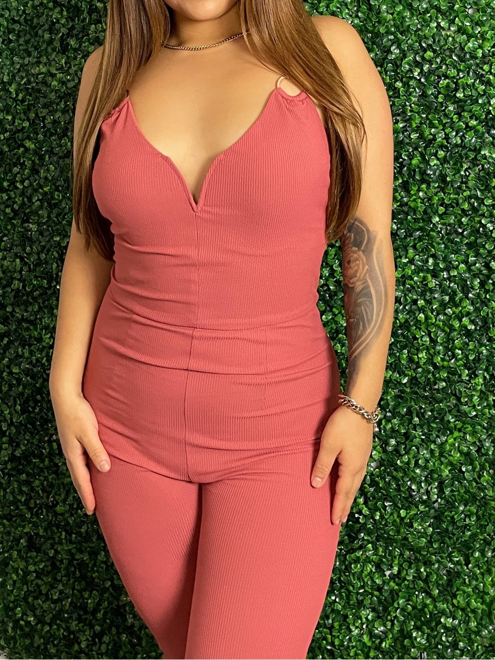 Nikibiki Ribbed V-Neck Sleeveless Jumpsuit - Rose